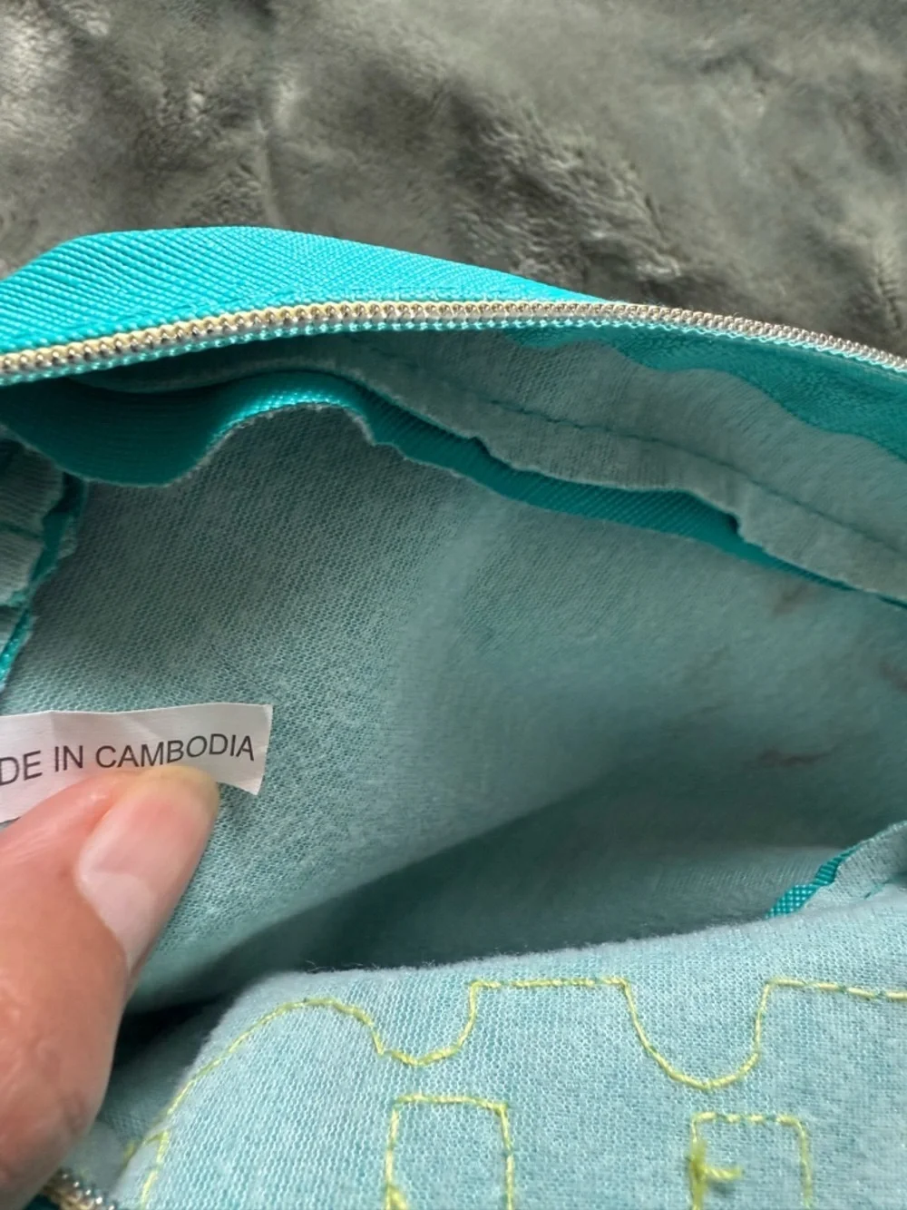 Turquoise 'STUFF' Cosmetic Pouch with Pink Chenille Patch